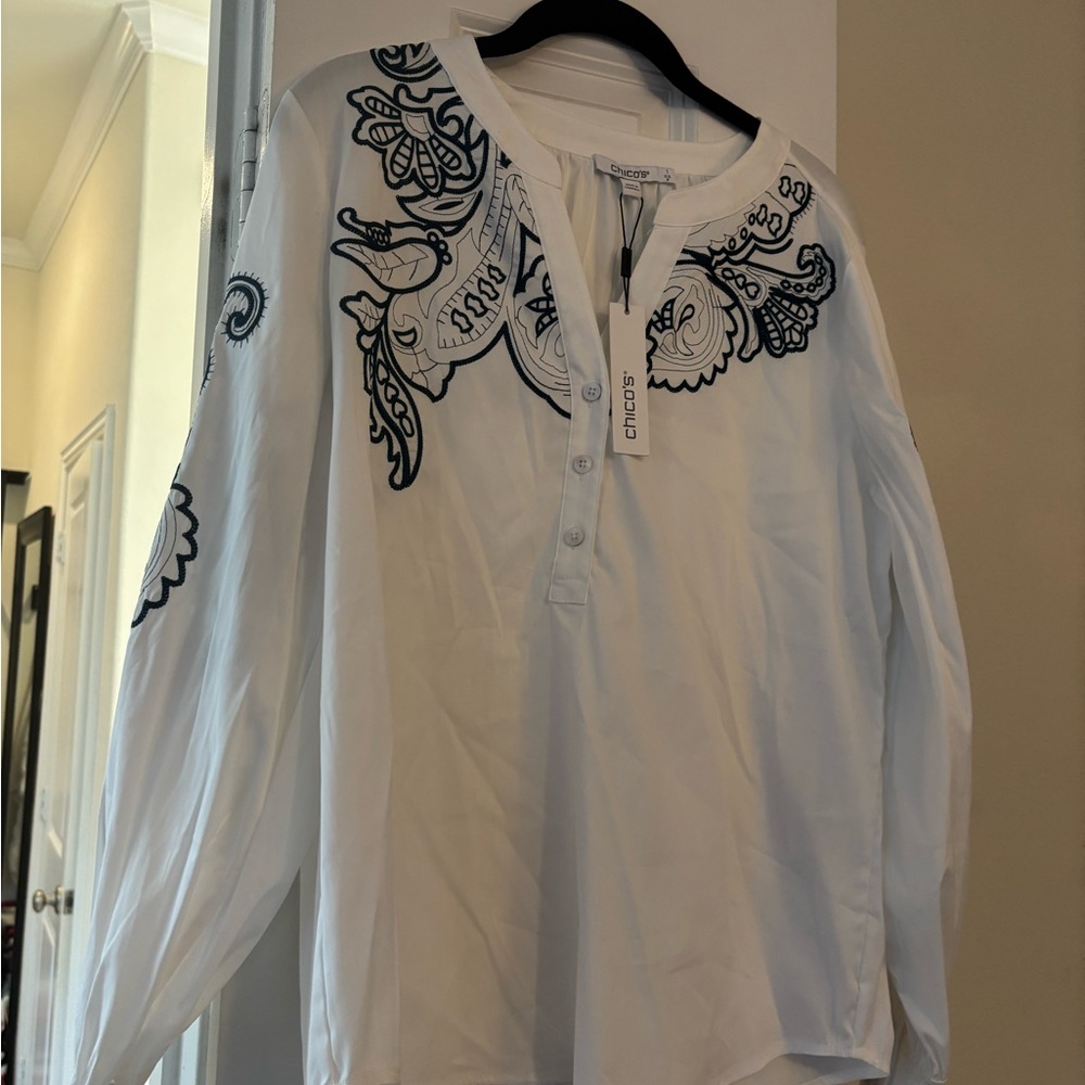Chico's Ivory Blouse with Navy Embroidery